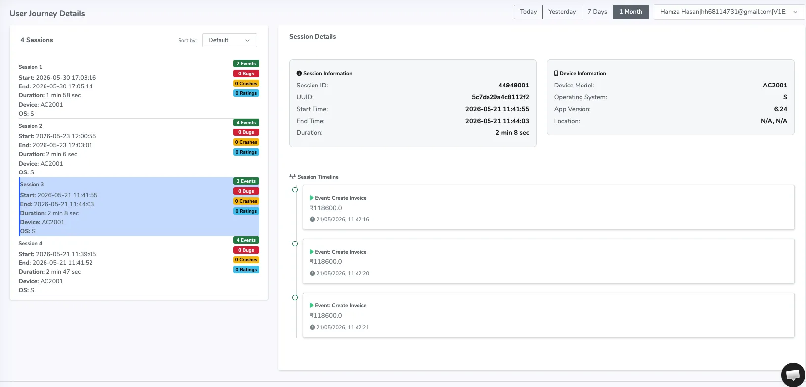 Shakebug user journey tying a customer's sessions, events, bugs and ratings together