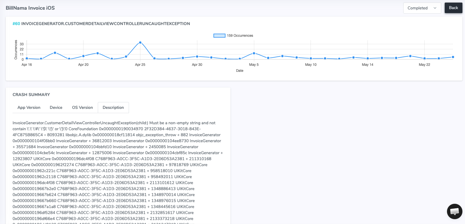 A grouped Flutter crash with its stack trace mapped back to the Dart source in Shakebug