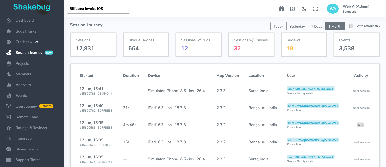 Shakebug Session Journey dashboard showing every app session with device, location and activity