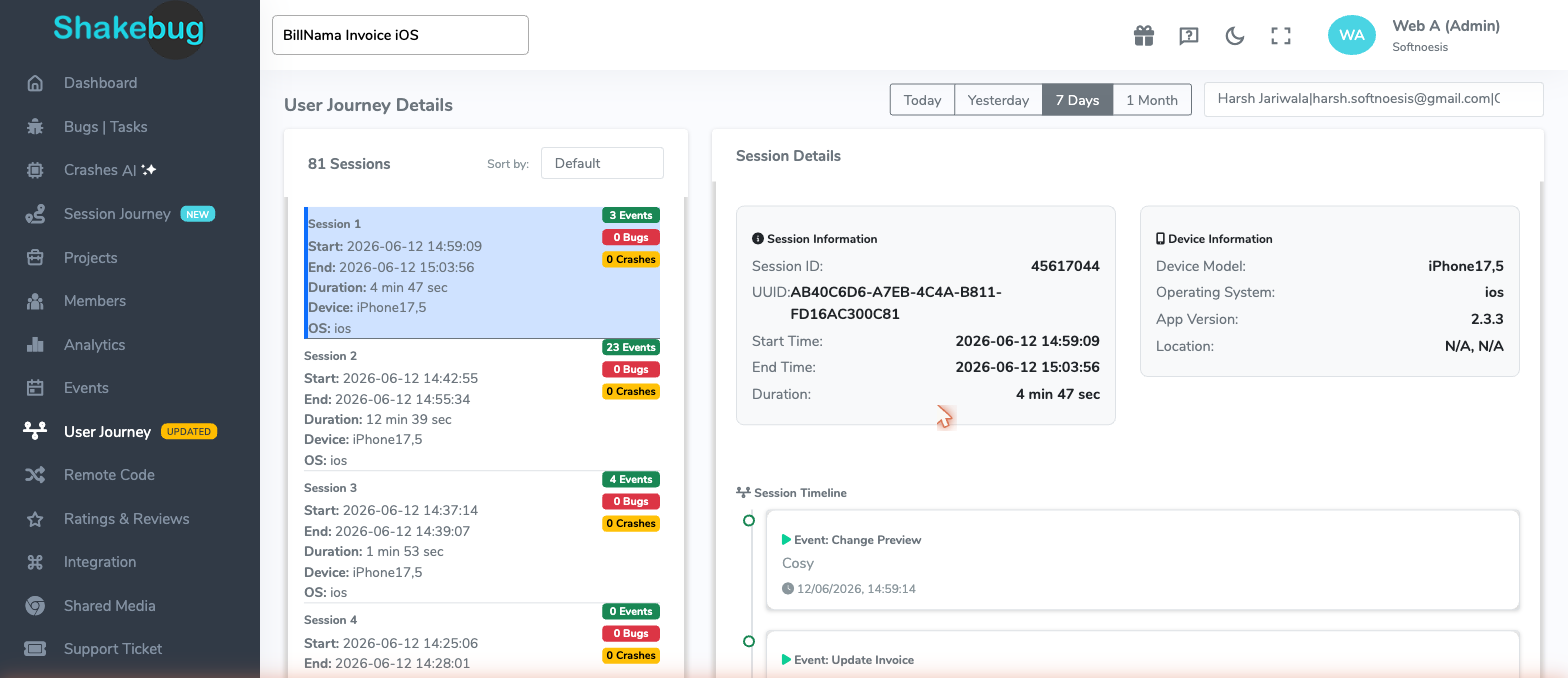 Shakebug User Journey showing an identified customer's sessions with an event timeline
