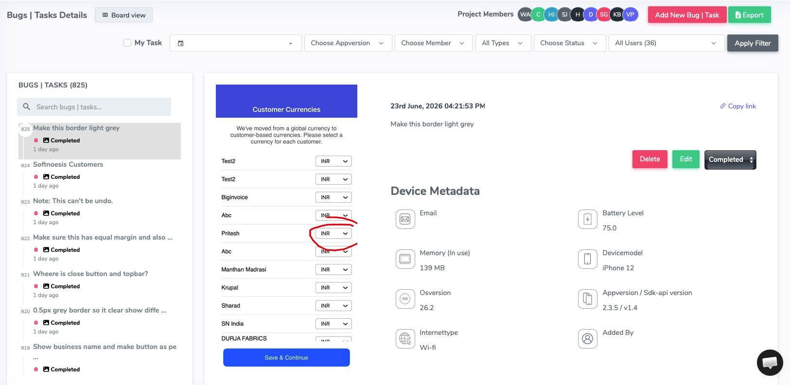 Managing mobile bug reports in dashboard